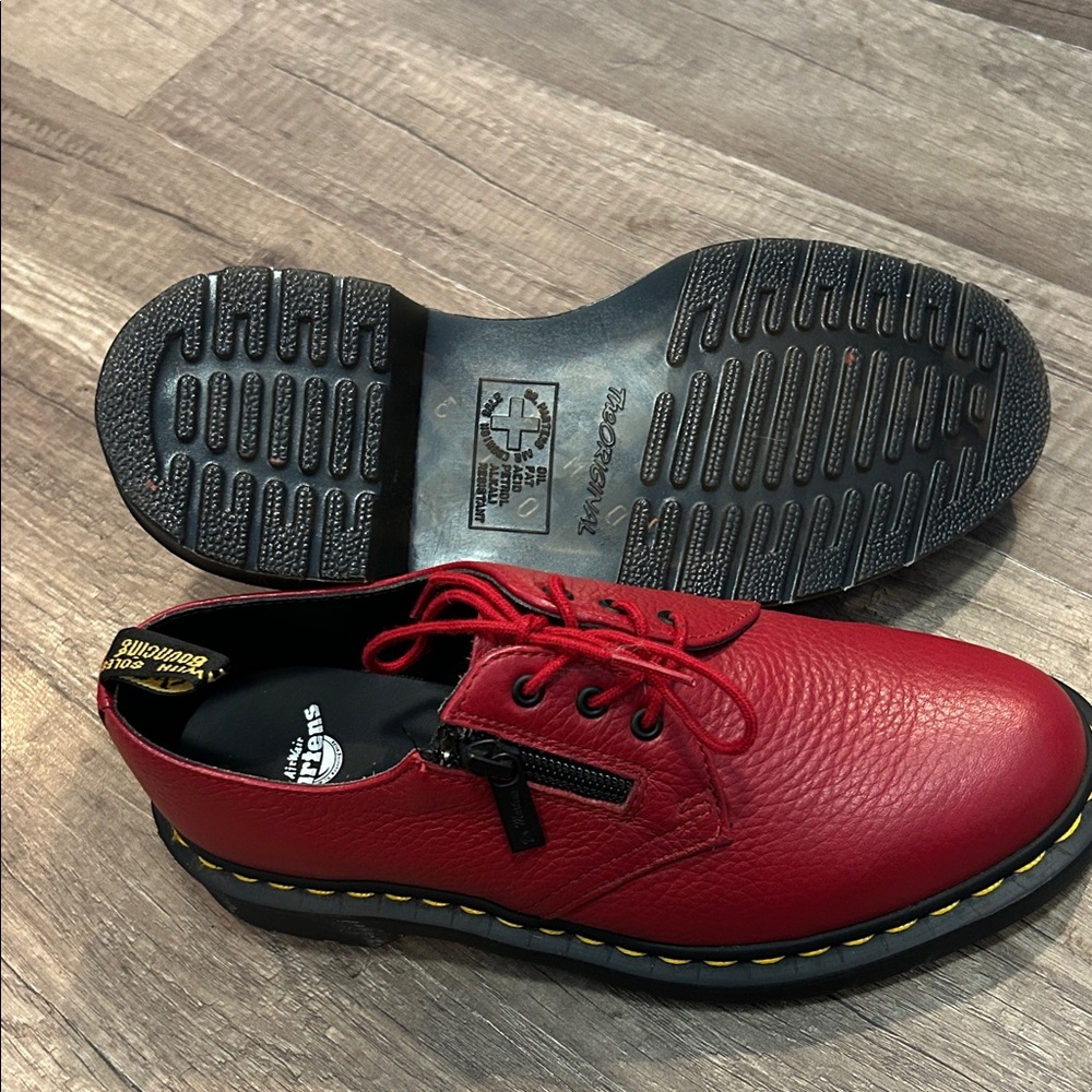 Dr. Martens Women's Red Leather Lace-Up Flats with Yellow Stitching - Picture 3 of 5